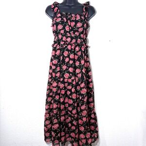 Floral Maxi Dress M Black Pink Ruffle Smocked Waist Dark FairyGoth Romatic